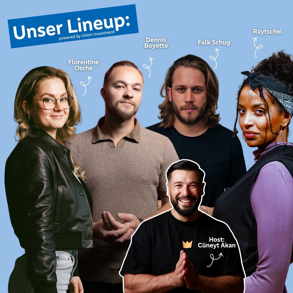 Lineup der Comedy-Show: Florentine Osche, Dennis Boyette, Falk Schug, Raytschel und Host Cüneyt Akan